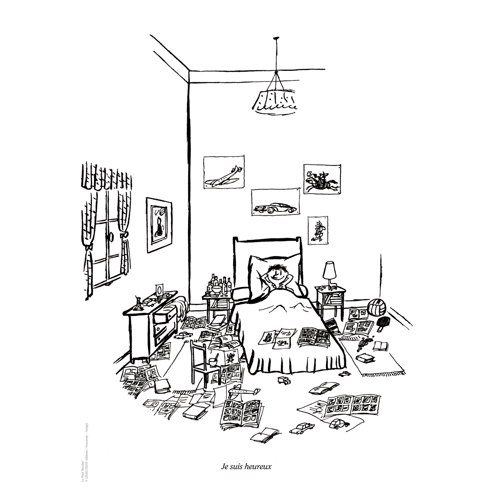 Illustration Le Petit Nicolas de Sempé : un enfant dans son lit, les murs de sa chambre couverts de petits cadres